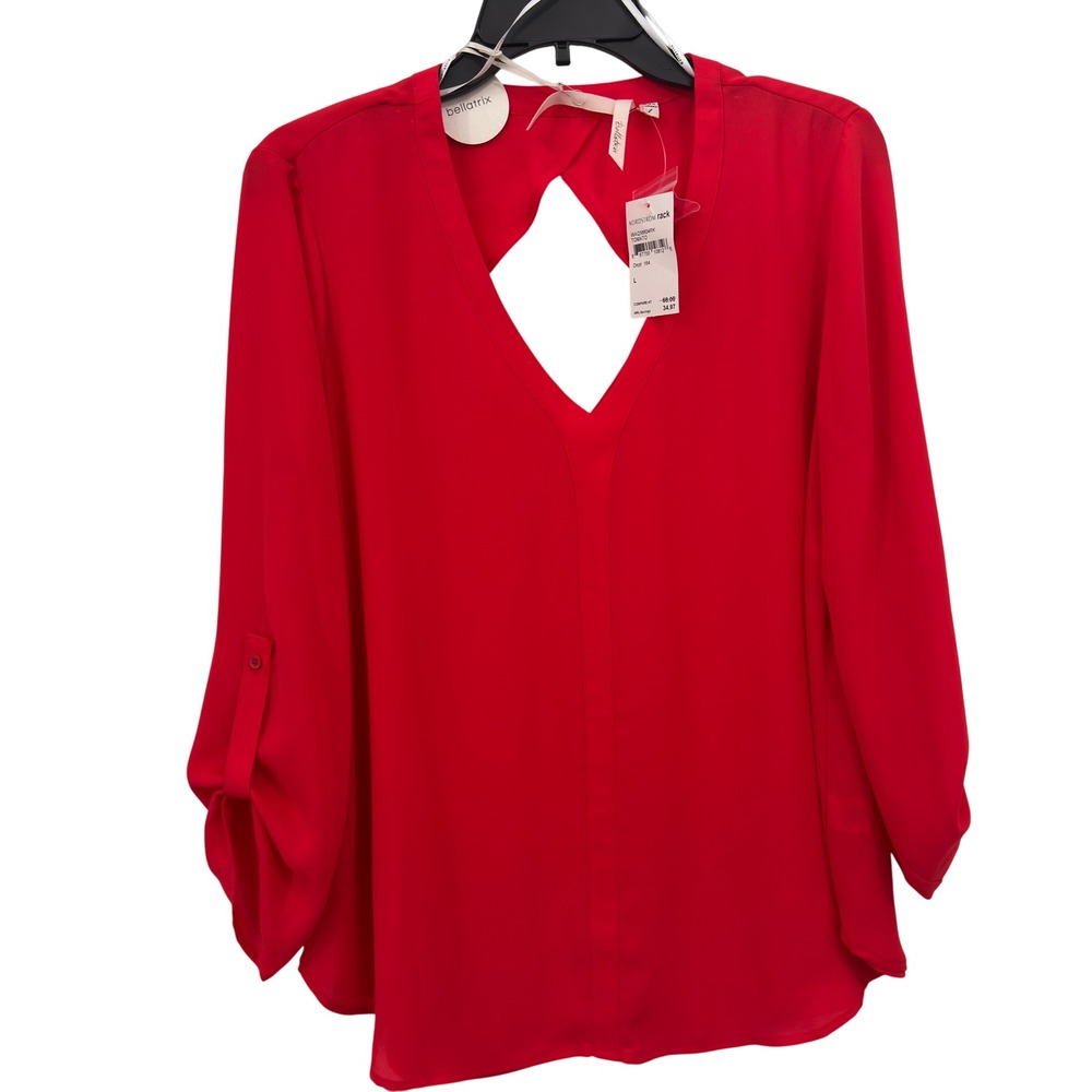 Bellatrix Red Blouse V Neck Back Cutout Roll Tab Sleeve Size L NWT Coquette